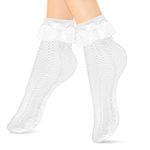 Sibba Ruffle Liners Lace Ankle Socks 1 Pair Frilly Crew Elastic Cotton Sock Princess Fairy Goth Cuffs Cute Dress for Women Schoolgirl Clothing Costume (White)