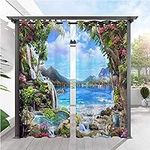 ANHOPE Outdoor Curtains for Patio Waterproof - Grommet Top Window Drapes with Nature Flower Lake Waterfall Garden Print Pattern Outside Privacy Curtains for Pergola Gazebo Cabana 2 Panels 36 x 84 Inch
