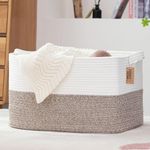 COMFY-HOMI Large Laundry Basket for Organizing|Rectangle Cotton Rope Storage Basket with Handles|Blanket Basket for Living Room|Woven Laundry Basket for Towels, Toys, Clothes-22x15x12”-White/Brown