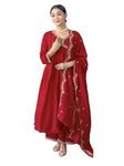 Naixa Women's Red Vichitra Silk Embroidered A-line Kurta with Vichitra Silk Pant and Chinon Embroidered Dupatta Sets (NK-443-Red-L)