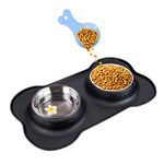 Double Dog Bowls- Stainless Steel 350ml/Bowl Puppy Water and Food Bowl with Non-skid Anti-overflow Silicon Tray Mat for Puppy Dogs, With Pet Food Shovel Black