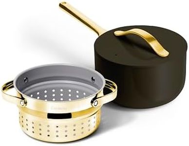 Caraway Nonstick 3 Qt Ceramic Sauce Pan with Lid & Steamer - Non Toxic, PTFE & PFOA Free - Oven Safe & Compatible with All Stovetops (Gas, Electric & Induction) - Black