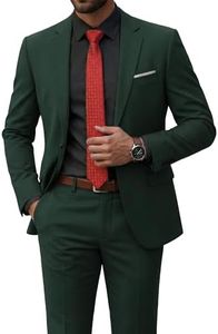 YND Men's Slim Fit 2 Piece Suit, One Button Jacket Pants Set with Tie, Solid Party Wedding Dress Blazer, Tux Trousers, Deep Green