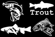 Trout Fishing Decal 4 Pack: Trout Jumping for Fly, Trout, Trout with Mountains, Jumping Trout (White, Small ~3.5")