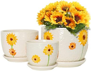 Ton Sin Sunflower Plant Pots, Ceramic Flower Pots Set of 3 for Plant Indoor Planter with Saucer,Decorative for Succulent Pots with Drainage Hole（3 Pack,Yellow）