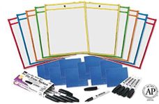 Charles Leonard Reusable Clear Dry Erase Pockets Class Combo Pack, Includes 10 Each of Pockets/Markers/Cloth Erasers (29130)