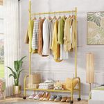 Lukzer | MGR-001 | Gold | Portable Metal Clothes Rack with Wheels, Single Rod & Bottom Shelf – Heavy-Duty Freestanding Closet Organizer for Bedroom, Laundry, Entryway & More | 173 x 90 x 35 cm