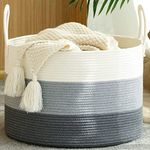 KAKAMAY Large Blanket Basket (20"x13"),Woven Baskets for storage Baby Laundry Hamper,Cotton Rope Blanket Basket for Living Room, Laundry, Nursery, Pillows, Baby Toy chest with Handles (White/Grey)