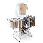 RELAX4LIFE Folding Clothes Drying Rack, 3-Tier Gullwing Style Clothes Airer Winged Drying Horse with High Hanger, Side Clips & 4 Shoe Holders, Adjustable Laundry Dryer Rack for Indoor Outdoor