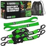 Rhino USA Retractable Ratchet Tie Down Straps (2PK) - 1,360kg Guaranteed Max Break Strength, Includes (2) Ultimate 5 cm x 3 m Autoretract Tie Downs with Padded Handles - Green