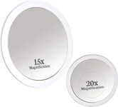 20X & 15X Magnifying Mirror Combo Set with 3 Stick On Suction Cups For Makeup and Tweezing Eyebrows - Compact Handheld Design & Travel Ready - Extremely Strong X20 Zoom - 15cm & Small 10cm Diameter