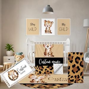 Terwex Personalized Toddler Bedding Set, 5 Pcs Custom Name Crib Bedding Set for Boys Girls, Brown Leopard Flannel Baby Bedding Set, Double Layer Baby Crib Set, Customized Gifts for Newborns Infants