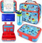Bento Box with Insulated Lunch Bag, Ice Pack & Water Bottle Set for Kids - 5 Compartments Removable Tray Lunches or Snack Container Boys Toddlers Daycare Pre-School, Blue Pirates