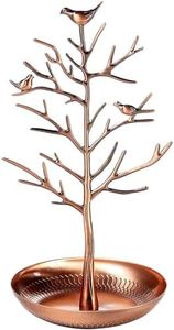 Juvale Jewelry Organizer Stand with Tray, Tree Branch with Bird Ring Holder for Necklaces, Bracelets, Earrings, Small Retro Jewelry Tower Rack for Home, Desk, and Business Display, Copper Plated