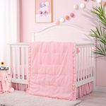 Cloele 3 Pieces Crib Bedding Set Standard Size Baby Bedding Set - Solid Ruffle Quilted Set Includes Comforter Fitted Sheet Crib Skirt for Girls - Cute Ruffled Nursery Set Baby Crib Set Pink