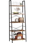 Yusong Bookshelf, Ladder Shelf 5-Tier Bookcase for Bedroom, Industrial Book Shelves Storage Rack with Metal Frame for Home Office, Rustic Brown