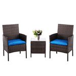 Pyramid Home Decor Alvino Patio Bistro Set 3-Piece Outdoor Wicker Furniture Sets, Modern Rattan Garden Conversation Chair with Thick Cushion and Glass Top Coffee Table (Light Blue)