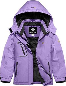 GEMYSE Girl's Waterproof Ski Snow Jacket Fleece Windproof Winter Jacket with Hood (Pure Light Purple,10/12)