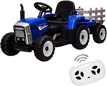 12V Kids Ride On Tractor with Trailer & Remote Control, Toddler Battery Powered Electric Car Slow Start 7LED Headlights USB Music Player 2+1 Gear Shift, Blue, 35W/ EVA Tire