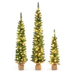 COSTWAY Artificial Christmas Tree Set of 3, Pencil Xmas Tree with PVC Branch Tips and Warm White LED Lights, Pre-Lit Slim Xmas Decoration Tree (3FT+4FT+5FT, with Burlap Base)