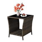 Elepude Outdoor Wicker Side Table Rattan Side Tables End Table for Patio with Glass Top Rattan Storage for Patio Garden Balcony