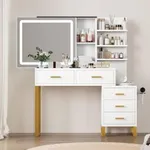 Makeup Vanity Desk with Sliding Mirror and Lights, Large Dressing Table with Charging Station, 3 Lighting Modes, 5 Large Drawers and 3 Tiers of Open Shelves, for Bedroom, White & Gold