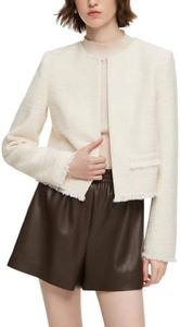 GOELIA Tweed Blazer Jacket for Women Round Neck Frayed Lightweight Cropped Tweed Jackets Business Work Office Suit Jackets Dress Jacket Womens Fitted Blazer Dressy Casual Teacher Jackets Outerwear