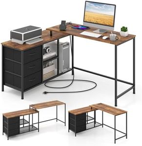 Giantex L-Shaped Computer Desk with Power Outlet, Convertible Corner Desk with 3 Fabric Drawers & Metal Mesh Shelves, 205 cm Long Office Desk for Working, Studying, Gaming (Rustic Brown + Black)