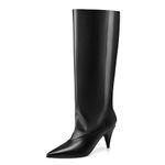 MIRAAZZURRA Black Knee High Boots for Women Slouchy Fold Over Boots Wide Calf Cone Heel Pointed Toe Pull on Women Boots Size 8