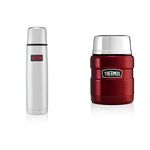 Thermos 184137 Light and Compact Flask, Stainless Steel, 1.0 L & 184807 Stainless King Food Flask, Cranberry Red, 0.47 L