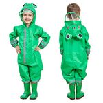 JinBei Puddle Suit Boys Raincoat Kids Hooded Lightweight Green Frog Poncho Rainwear Muddy Portable All in One Waterproof Rainsuit Breathable PVC Transparent Hat Brim Zipper 3-5 Years