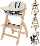 Abiie Beyond Junior Wooden High Chair for Babies and Toddlers - Convertible 3-in-1 Baby Highchair with Removable Tray - 6 Months to 250 Lb - Water Resistant - Natural Wood/Dove Grey Cushion