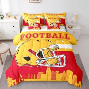 Football Themed Bed In A Bag With Flat and Fitted Sheet King Size,Football City 7 Pcs Bedding Set for Sport Fans Gifts,Ruby With Pillowcases and Cushion Cases for Kids Men Women,Red Yellow