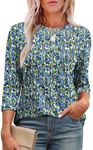 XIEERDUO Tunic Tops for Women Loose Fit Dressy Round Neck Pleated 3/4 Sleeve Tops 2024 Fall Clothes Blue Floral L