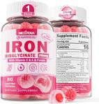 Vegan Iron Supplement Gummies for Women & Men - w/Vitamin C Folate B12 Zinc for Adults & Kids, Chewable Gentle Iron for Iron Deficiency, Energy Boost, Non-Constipating & After Taste, Sugar-Free 1 Pack