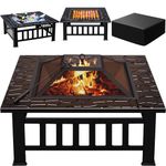 Greesum Multifunctional Patio Fire Pit Table, 32in Square Metal BBQ Firepit Stove Backyard Garden Fireplace with Spark Screen Lid and Rain Cover for Camping, Outdoor Heating, Bonfire and Picnic, Black