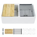 Tysun 33 Inch Farmhouse Sink Workstation - 33"x20" White Apron Farm Undermount Kitchen Sink Ledge Workstation Fireclay Ceramic Porcelain Double Bowl Farmer Kitchen Sink Basin