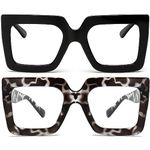 AIEYEZO Oversized Square Blue Light Glasses for Women Cute Big Frame Glasses Fashion Clear Multi-Color Computer Eyewear, 2 Pack (Black + White Leopard), MM