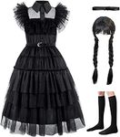 Wednesday Addams Costume Dress for Girls Addams Family Costumes Halloween Cosplay Party Dress (Four Piece Set, 5-6 years)