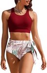 AI'MAGE Womens High Waisted Bikini Set Tummy Control 2 Piece Bathing Suit Modest Racerback Swimsuit 2024 with Tie Side Knot Wine Red S