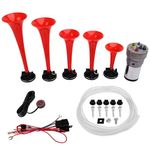 FARBIN Musical Horn 5 Trumpet Music Sound Air Horn with Compressor Play Lacucaracha Melody Red 12V 150db for Train Truck Car Boat RV UTV Motorcycle (LACUKARACHA Musical Horns Kit)