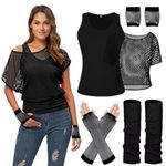 Women's Casual 80s Costumes Neon Outfit Accessories Off Shoulder T-Shirt, Fishnet Gloves Legwarmers