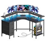 Seventable L Shaped Computer Desk with Power Outlets & LED Lights, 44.6" Home Office Desk with 3 Fabric Drawers, Reversible Gaming Desk with Storage Shelves, Corner Desk with Monitor Stand, Black