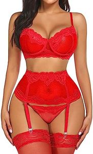 ADOME Lingerie Set for Women Sexy Lace Lingerie Underwire Push Up Bra Garter Set Lingerie Bra and Panty Set (No Stockings), Christmas Red, XX-Large