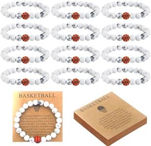 Fmelut 12 Sets Basketball Bracelets for Men Women, Handmade Sports Turquoise Elastic Stretch Bracelets, 8mm Beads Bracelet Jewelry Fan Gift with Inspirational Card(White, Basketball)