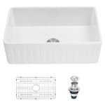 bathivy White Farmhouse Sink 30 inch Porcelain Ceramic Apron Front Single Bowl Kitchen Sink Deep Drop in Farm Sink Undermount with Custom Bottom Grid & Strainer Drain