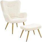 Yaheetech Armchair with Footstool Set, Sherpa Fuzzy Tub Chair with High Back and Ottoman for Living Room Bedroom Study, Ivory