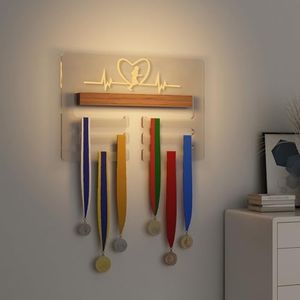 Ammonite Light up Marathon Medal Hanger Display, Running Medal Holder Rack for Awards or Ribbons, Sports Themed Ribbon Holder for Wall, Tiered Award Rack Marathon Gifts for Runners