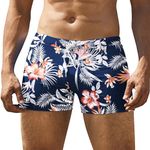 COOFANDY Men's Square Leg Swim Briefs Printed Swimsuit Athletic Swimwear Bathing Suit Swimming Trunks, Navy Blue Flowers, Large