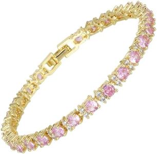 RIZILIA Eternity Tennis Bracelet & Round Cut Pink Sapphire Color Cubic Zirconia in 14K Yellow Gold Plated, 7 inch